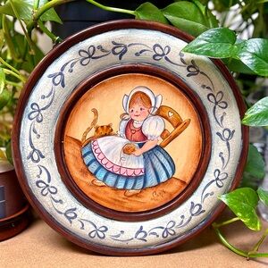 Hand Painted Signed Wooden Folk Art Decorative Plate Vintage